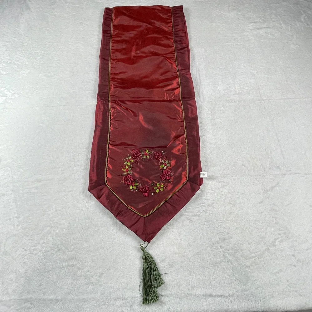 Burgundy Floral Embroidered Faux Silk Table Runner with Tassels 70 Inch Red